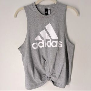Adidas Gray Big Logo Print Front Faux Knot Tank